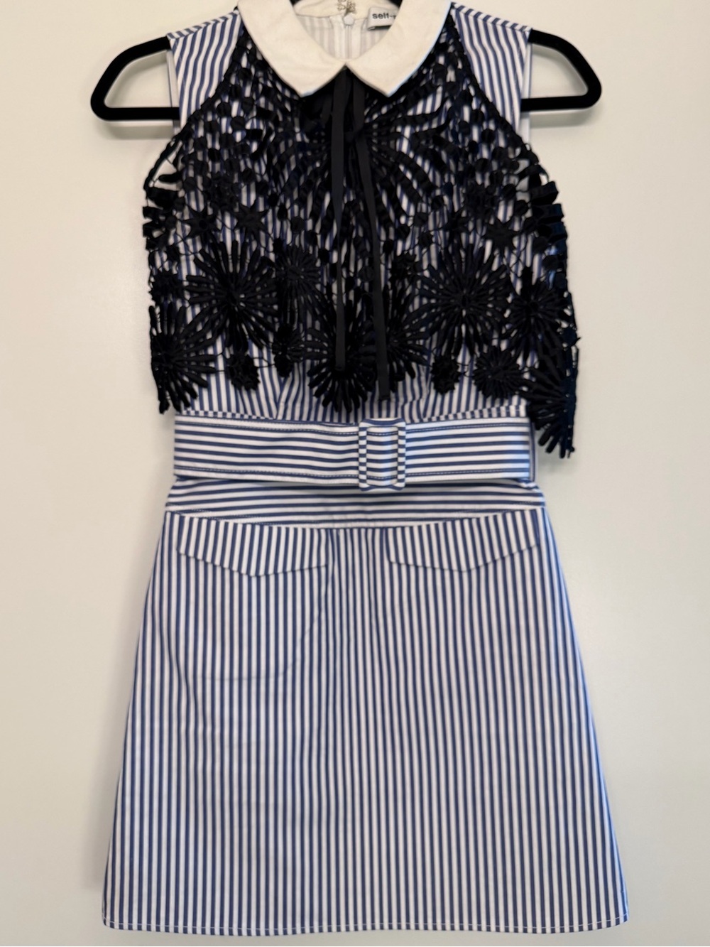 Self-Portrait Blue & White Striped Black Guipure Lace Mini Dress Size 2